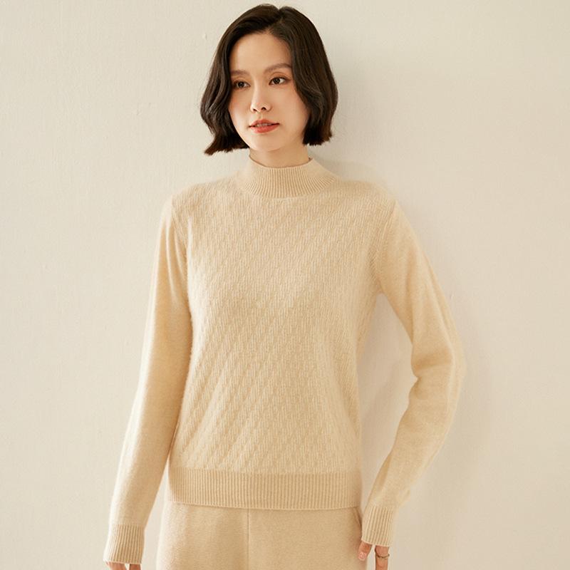 Women's Cashmere Half-High Collar Loose Knit Sweater - Autumn Winter Long Sleeve Pullover