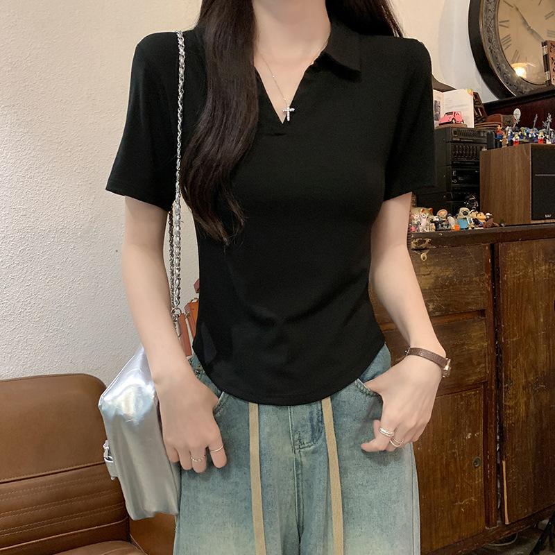Korean Design Temperament Front Shoulder Short-sleeved Polo Collar T-shirt Women's Summer Fashion Casual and Thin Short Top Ins