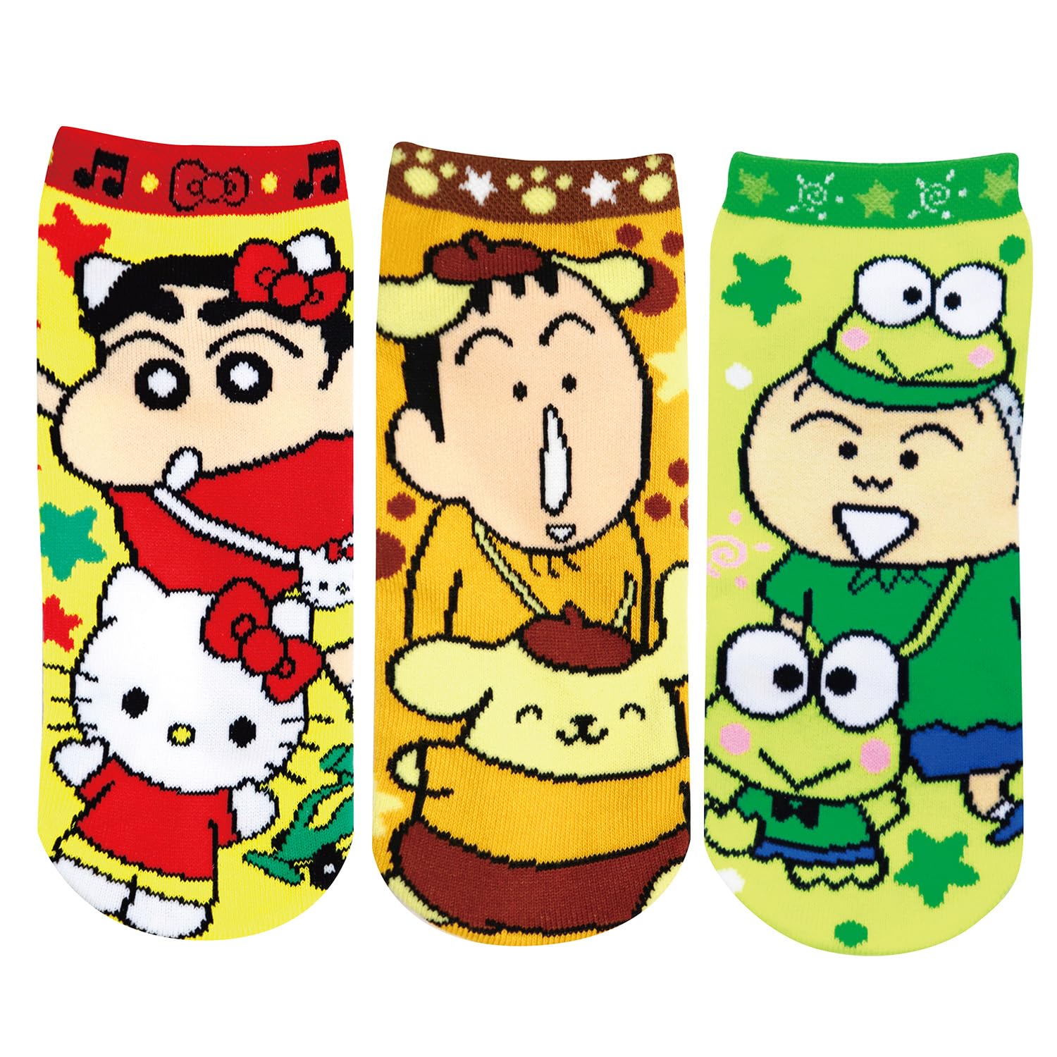 Set of 3 pairs of socks featuring Crayon x Sanrio Hello and Shin-chan characters Kitty, Pompompurin, Keroppi.