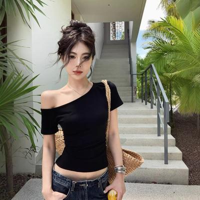 Korean Gray Slanted Shoulder Short-sleeved T-shirt Women's Summer New Pure Desire Style Spice Girl Slim Short T-shirt Off-shoulder Top Tide