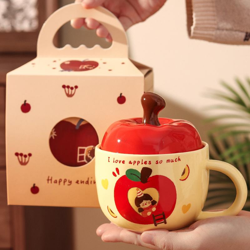 Cute Apple Girl Cup Girl Girlfriend Mug with Lid High Value Ceramic Water Cup Birthday Gift