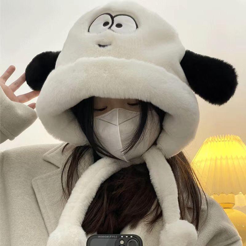 Hat Autumn and Winter Female Thermal Hat Ear Protector Plush Hat Versatile Thickened Cycling Puppy Big Head Circumference Cold Protection