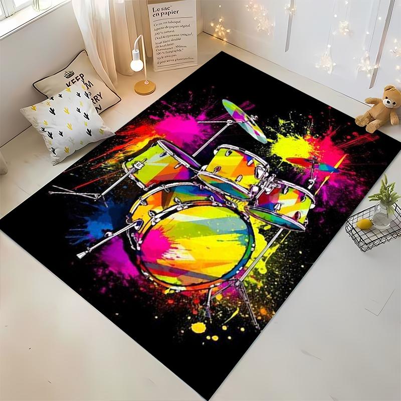 Colorful Drum Set Splash Art Carpet with Vibrant Black Background Style Suitable for Use As an Anti-slip for Living Room Bedroom Sofas
