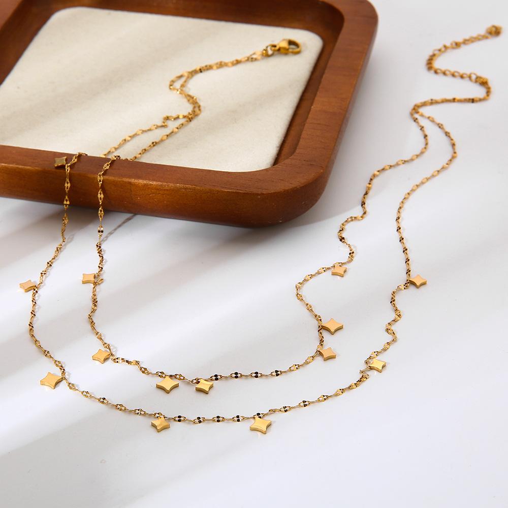 European and American Ins Exquisite Light Luxury Tetragonal Star Fringed Double-layer Necklace Women's Plated 18k Gold Stainless Steel Waterproof Neck
