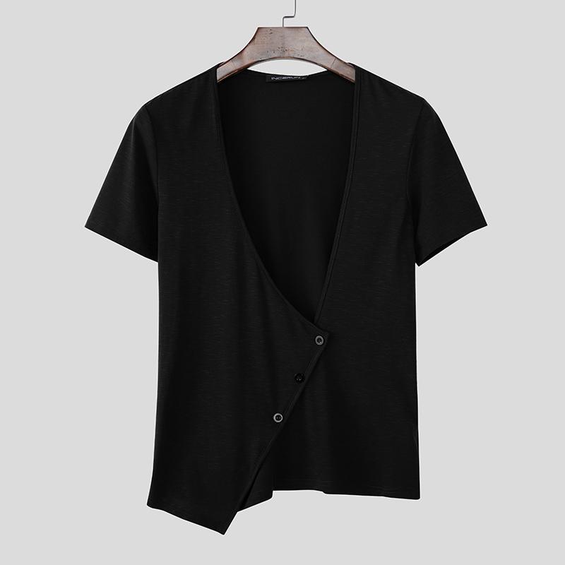 INCERUN Men Low Cut Neck Short Sleeve Irregular Solid Color Casual Fitted T-shirts Tops 4XL чёрный