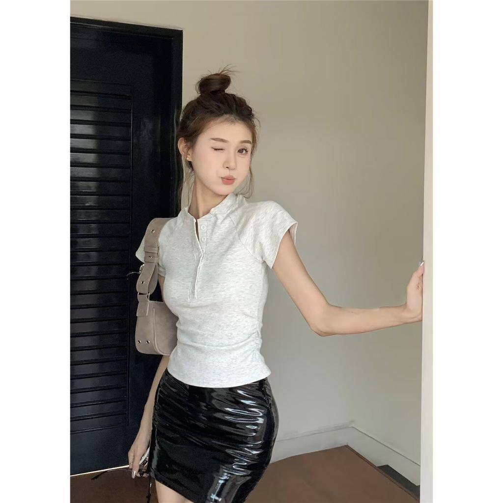 Design Sense Henry Collar Light Gray Short-sleeved T-shirt Women's Summer New Korean Slim-fitting Thin Button-up Top