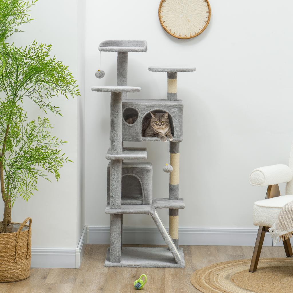 138cm Cat Tree, Multi-Level Cat Tower with Scratching Posts and Pad, Bed, Condos, Platforms, Toy Balls, Light Grey