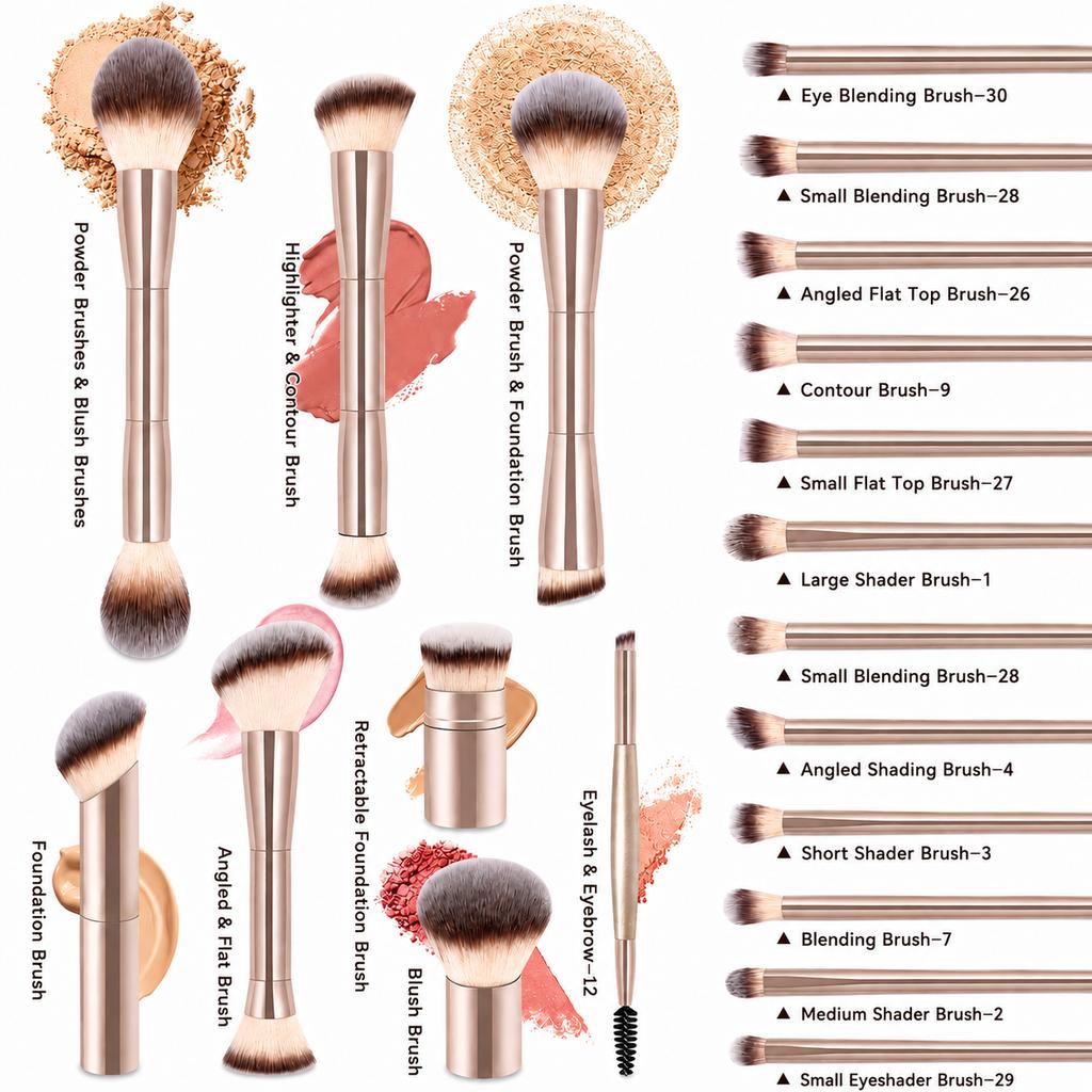 20-Piece Professional Makeup Brushes Set, Metal Handle Wand With Velvet Pouch, Soft Foundation,Powder Blush,Eyeshadow,Eyebrow, B