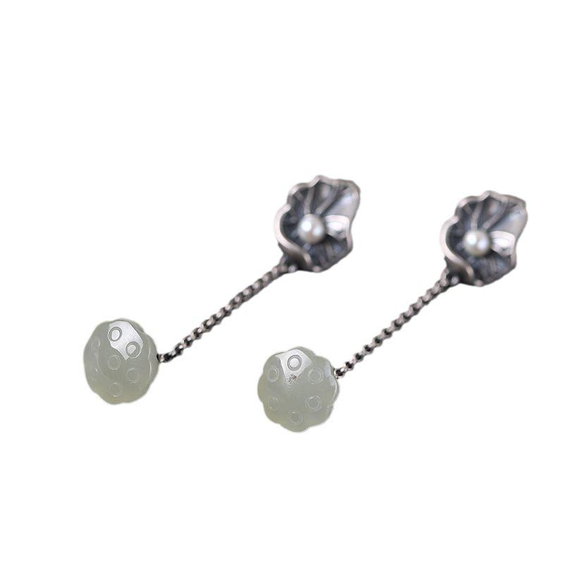 

Женские серьги-стручки лотоса с жемчугом и нефритом, ювелирные изделия в китайском стиле, длинные висячие серьги из стерлингового серебра 925 пробы, оптовая продажа EH121 серебряный