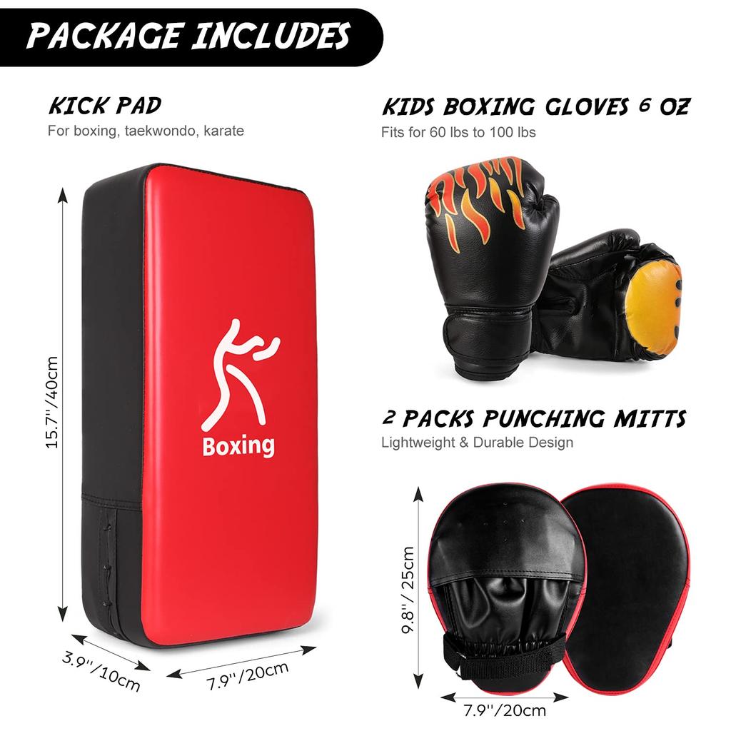 Odoland Set of Punching and Kicking 6oz Boxing Gloves with Premium PU Laser Kick Perfect for Kids and Striking Muay and Beginner Practice 3-Piece