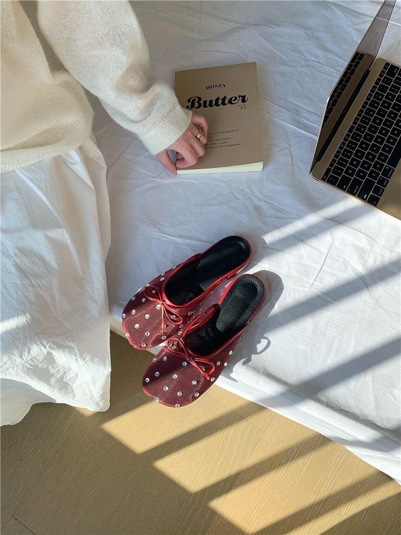 

Каблук бант стразы сетка пряжа сумка голова полутапочки женская верхняя одежда 2025 весна и лето новые туфли muller сандалии 37 красный