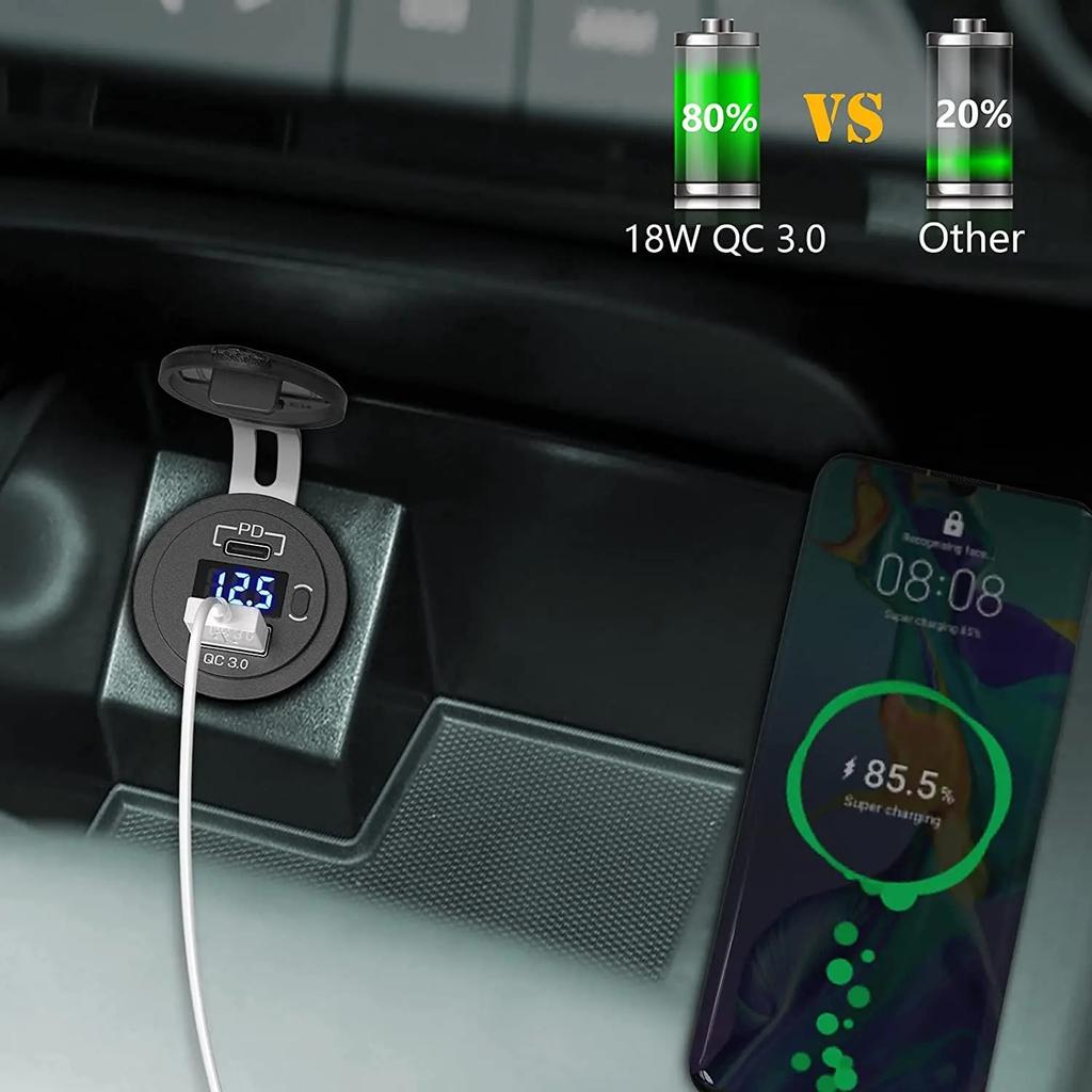 USB C Car Charger Socket 12V/24V Dual USB Socket PD3.0 and QC3.0 Car USB Port With LED Voltmeter and On/Off Switch