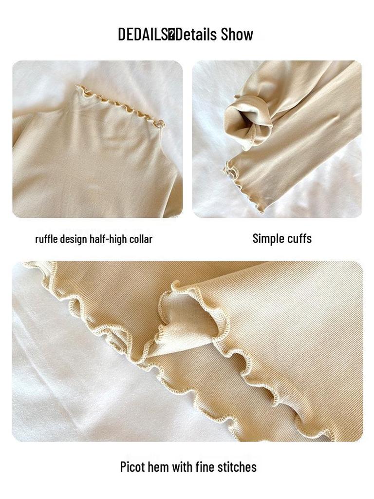 Women's Modal Half-High Neck Base Layer Top, Slim Fit, Ruffle Trim, Long Sleeve Inner Wear for Spring, Autumn, Winter 2025, High-Quality Feel