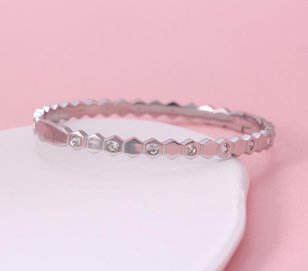 European Geometric Honeycomb Open Women's Stainless Steel Bracelet with Inlaid Rhinestones