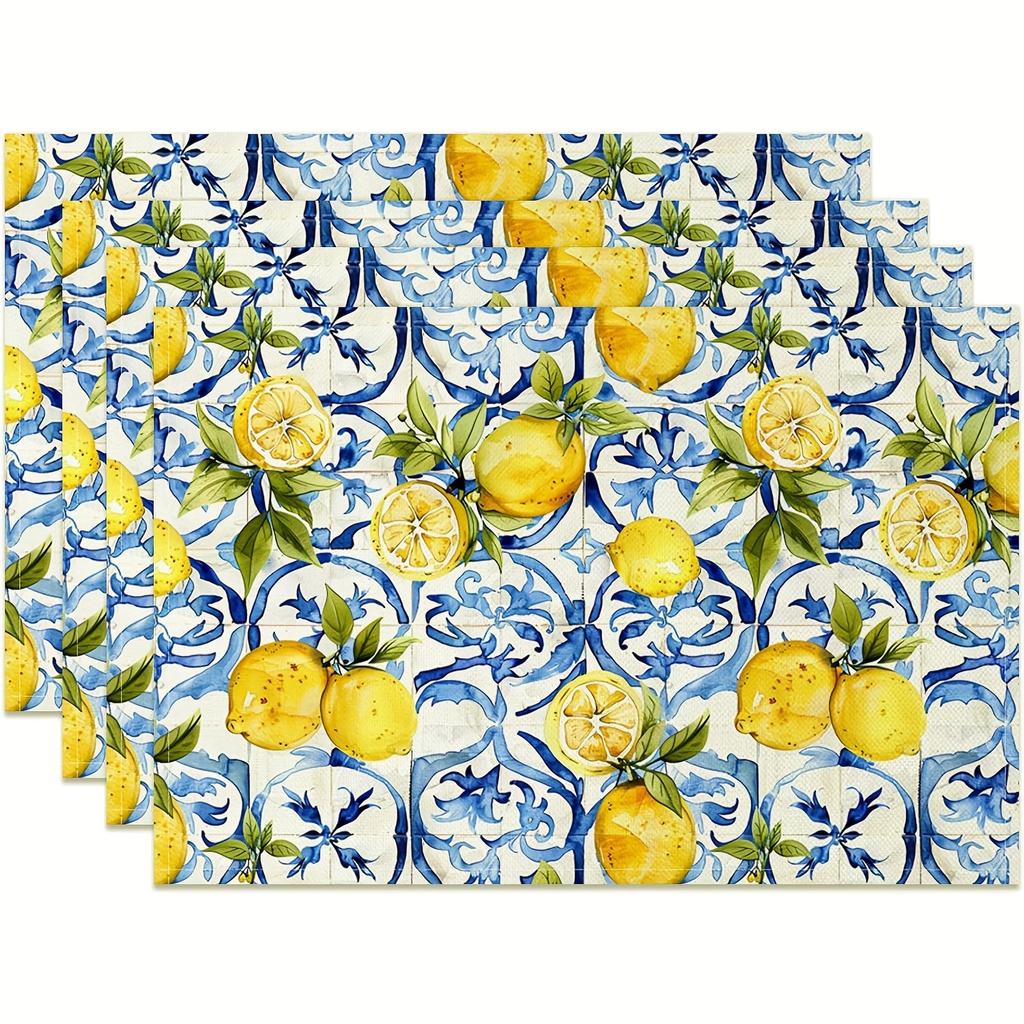 4/6pcs Set of Blue and Yellow Lemon Placemats with Vibrant Fruit and Floral Pattern in Blue Tile. Suitable for Home Kitchen, Restaurant, Party, Indoor