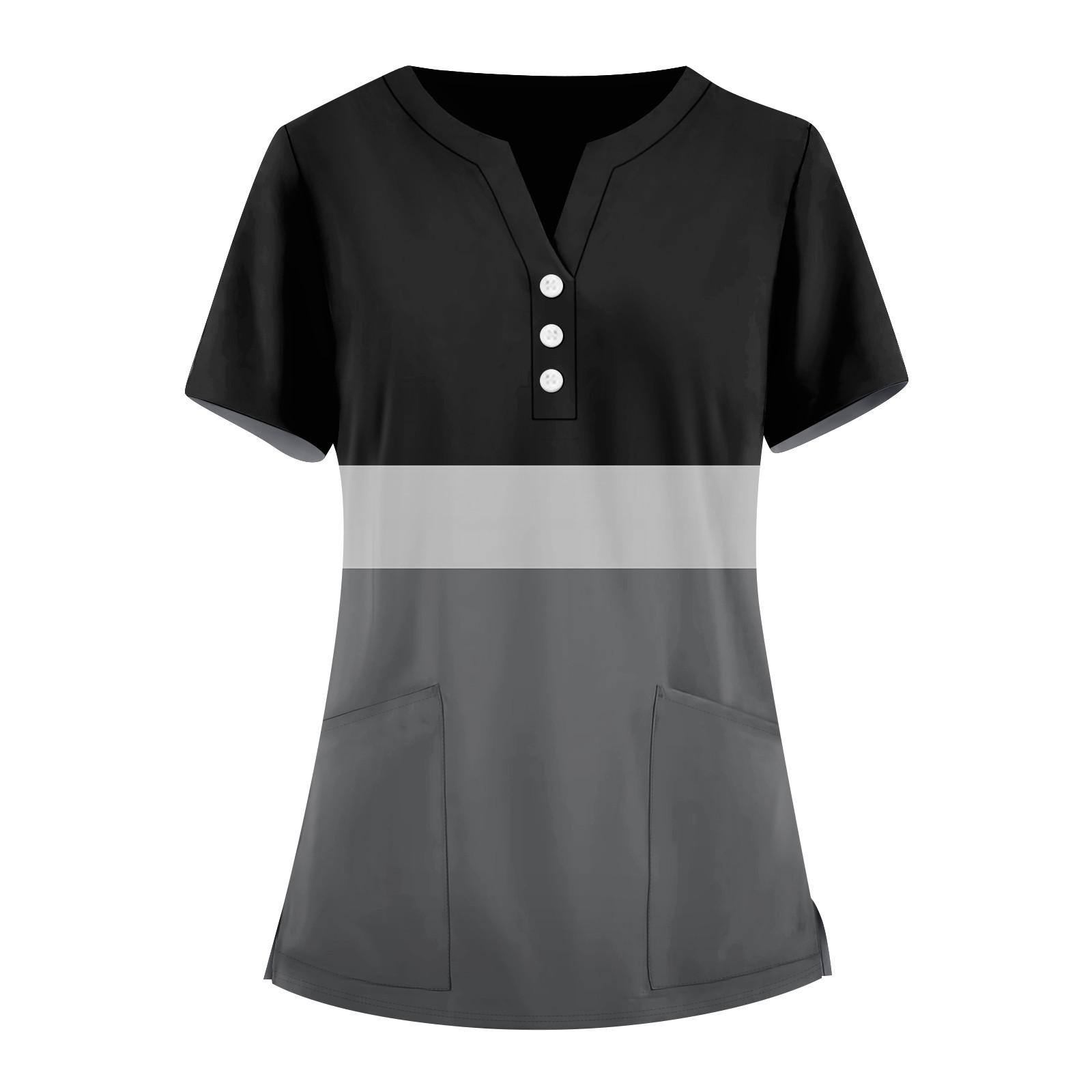 

Женская мода, рабочая одежда с v-образным вырезом, короткими рукавами и карманами, топы с принтом, летние топы для женщин L чёрный