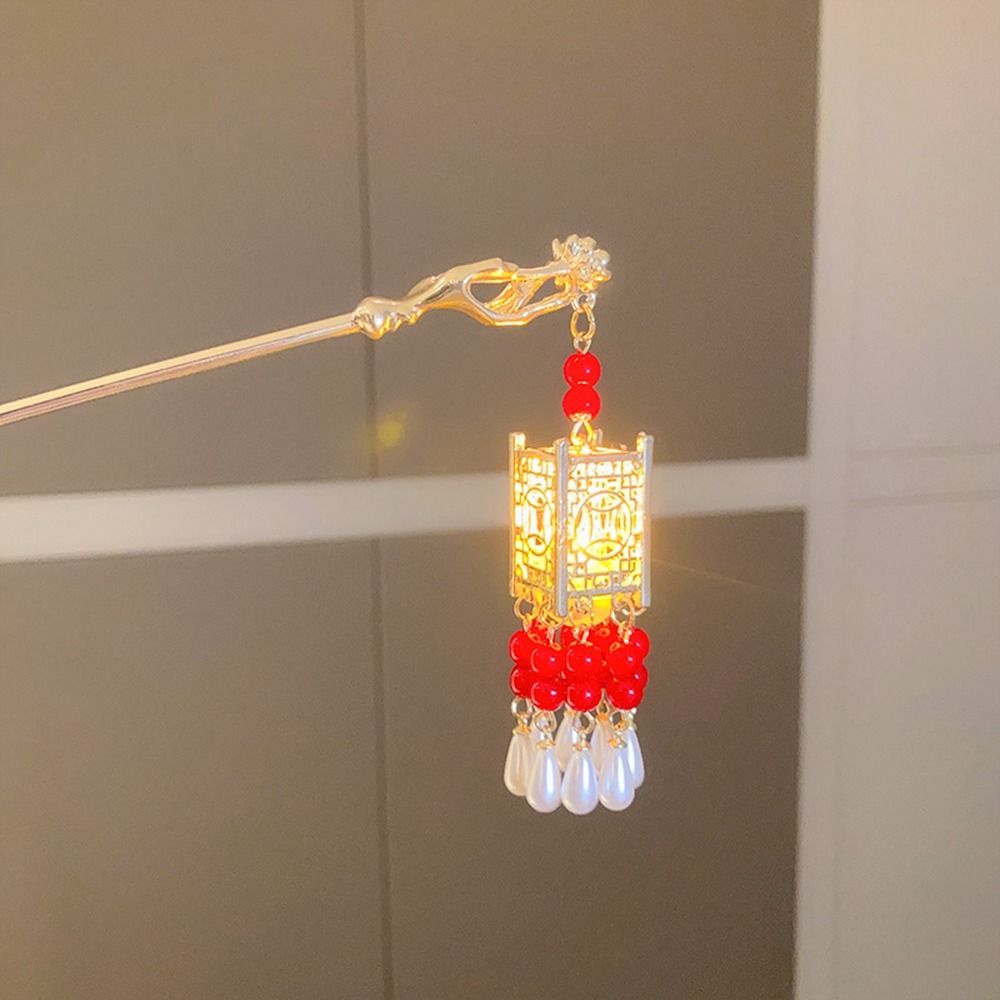 

Pearl Glowing Lantern Hairpin Copper Coin Lantern Tassel Hair Stick Antique Women
