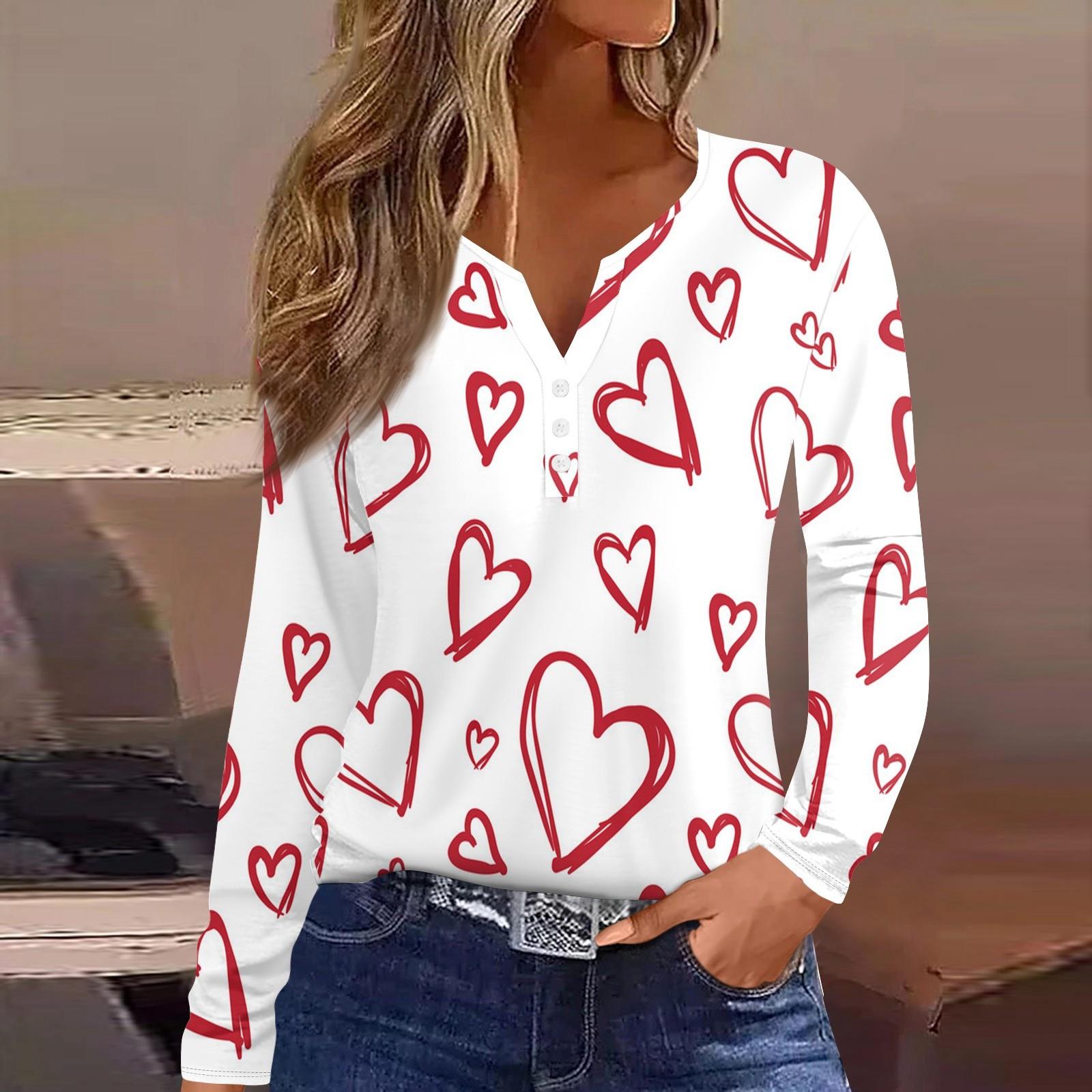 

Женская модная повседневная футболка с V-образным вырезом и длинным рукавом на пуговицах с принтом ко Дню святого Валентина S красный