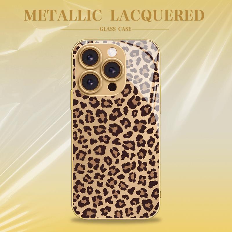 Leopard print metal paint tempered glass phone case suitable for iPhone17 16 15 14 13 12 11Pro Max Plus anti drop and shockproof