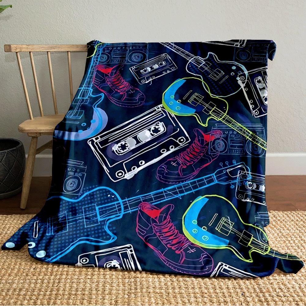 Guitars, cassettes, sneakers, and boomboxes in a colorful retro style. for all seasons blanket lunch break throw gift