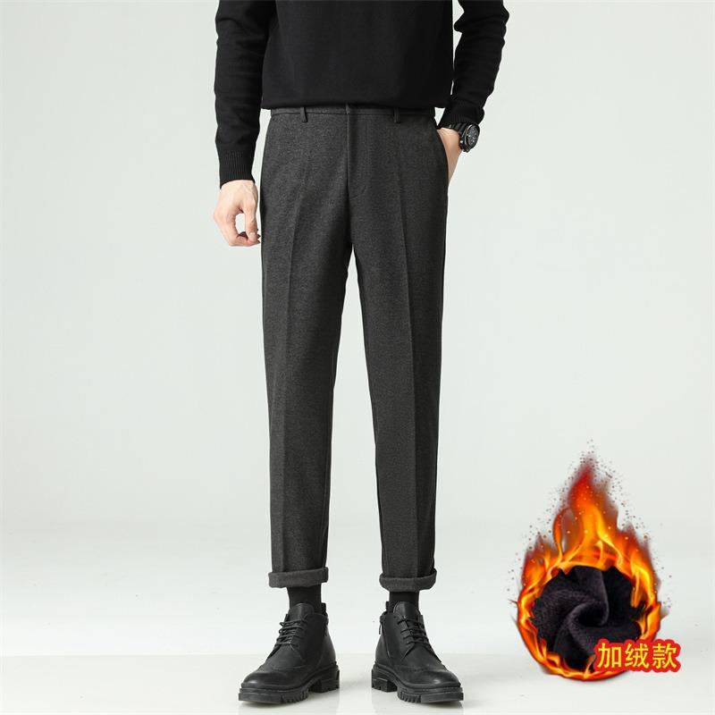 Autumn and Winter New Velvet Thickened Men's Drape Black Pants Small Trousers Men's Slim Straight Casual Pants