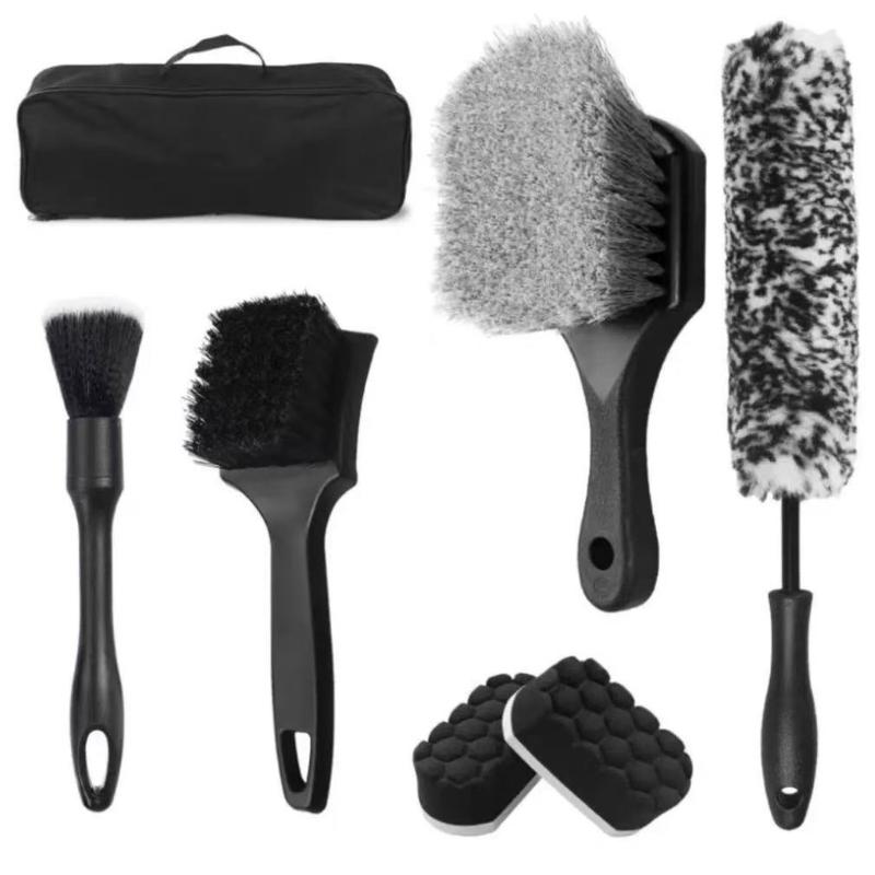 7Pcs Soft Bristle Wheel Brushes For Car Detailing Short Handle Design Non Scratch Plastic Cleaning Tools