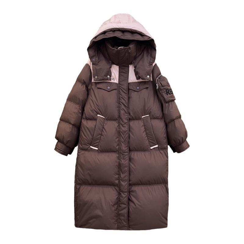 Contrast Color White Duck Down Long Down Jacket Women's 2025 Winter New Fashion Loose Warm Cover Men's and Women's Coats Tide
