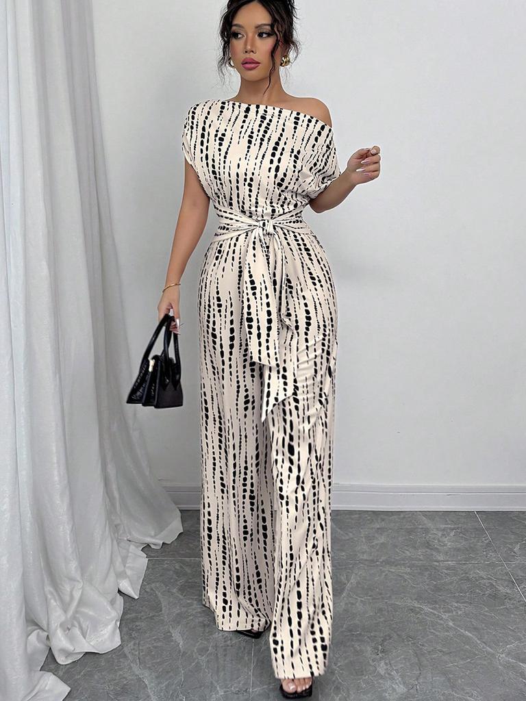 Striped Jumpsuit Summer Slanted Shoulder Tie-Up Wide Leg Pants