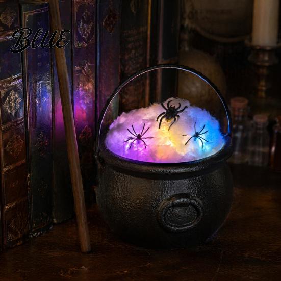 Fairy Tale Magic Props Light Up Witch Cauldron DIY Set Halloween Glowing Black Plastic Bowl with Spiders Smoke Effect Decoration Spooky Hocus Pocus