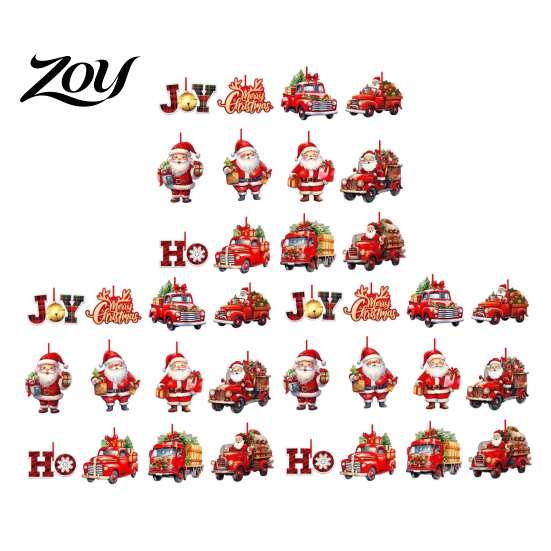 Holiday Party Supplies 12/24/36Pcs Christmas Wooden Ornaments, Santa Claus Red Truck Hanging Decorations with Rope, Indoor Festive Ornaments Xmas Tree