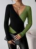 Cross-border Spring New Solid Color V-neck T-shirt, Fashionable and Elegant Double Contrast Color Long-sleeved Top for Spring Inner Wear for Women