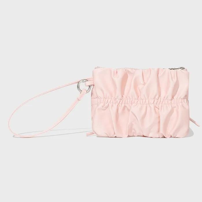 Clover Heart Shirred Ribbon Handle Pouch Light Pink
