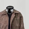 Men's Trendy Maillard Brown Leather Motorcycle Bomber Jacket with Lapel and Zipper
