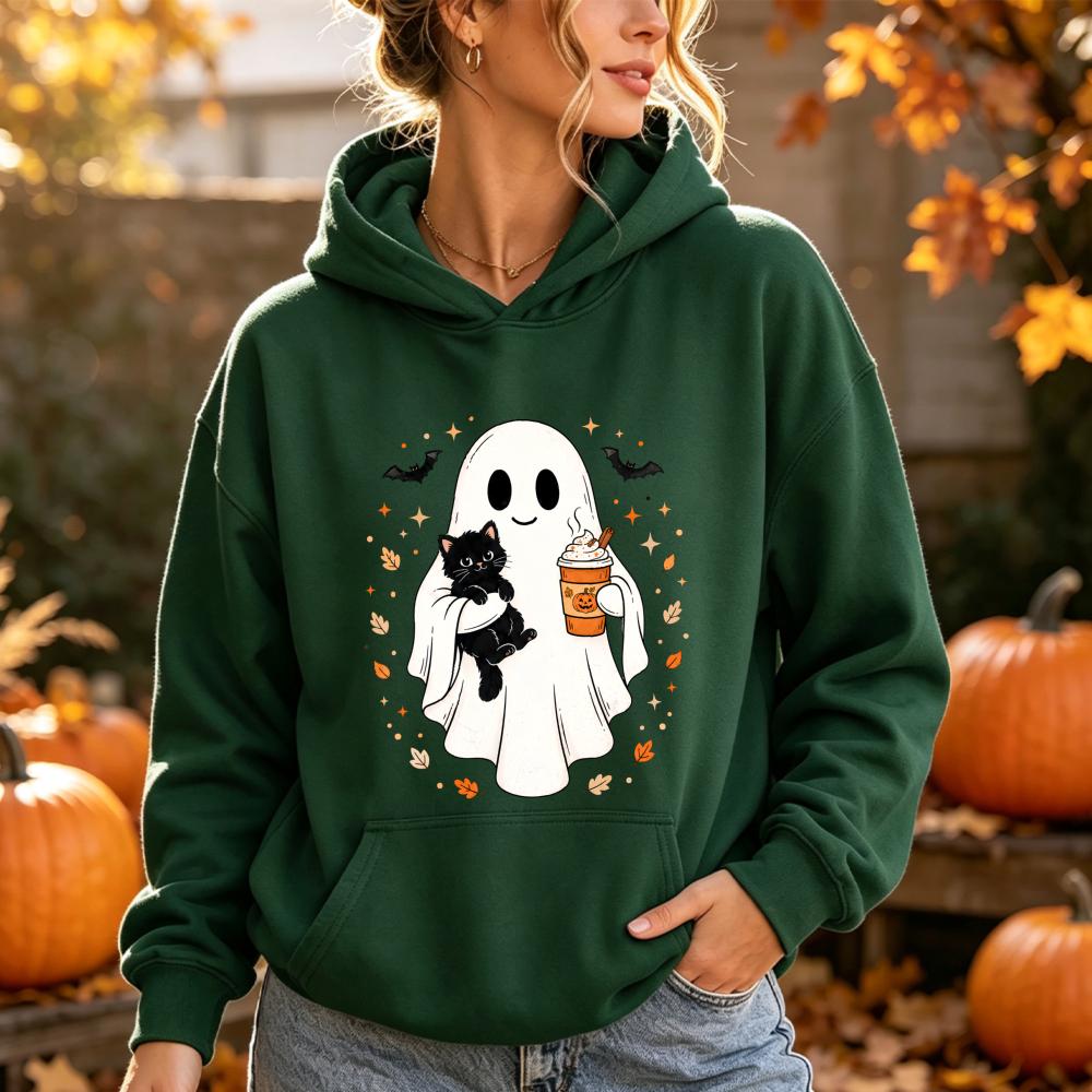 Cute Ghost Black Cat Sweatshirt Spooky Halloween Pumpkin Coffee Print Pullover Fall Winter Casual Long Sleeves Tops Unisex