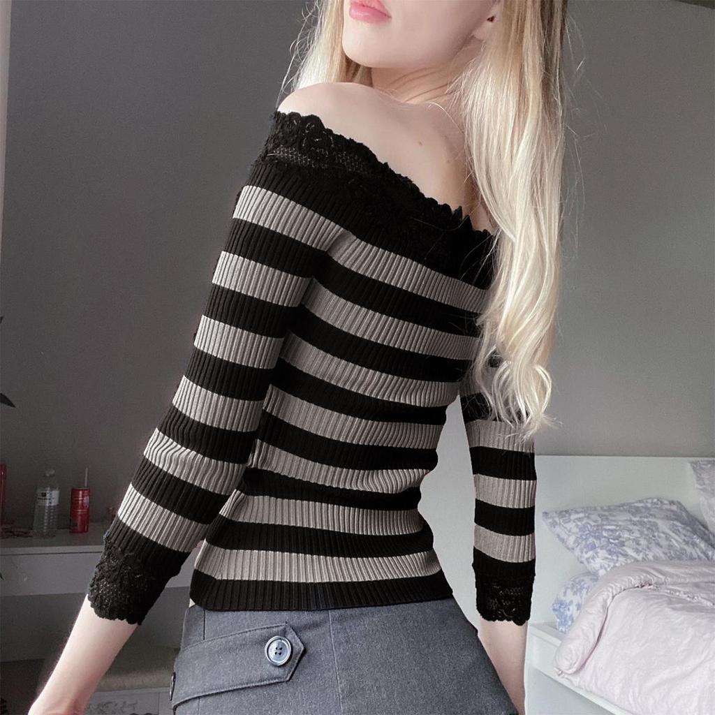 Women Long Sleeve Shirt Striped Off-Shoulder Tops Casual Pullover for Fall Club Streetwear Aesthetic Clothes