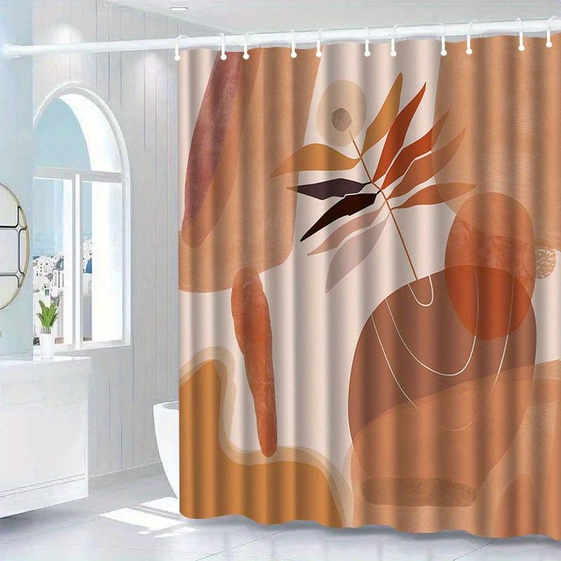 1pc Modern abstract leaf pattern shower curtain, polyester fabric, machine washable, with hooks, suitable for bathroom décor.