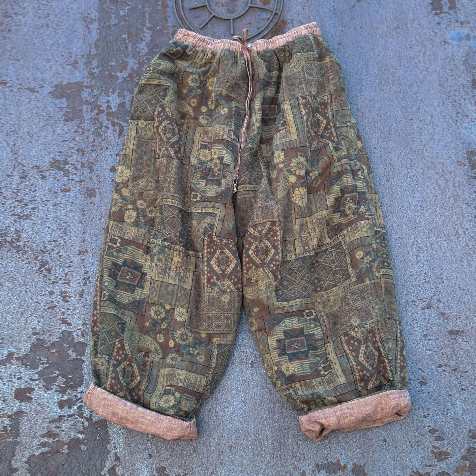 

Johnature Женские брюки с винтажным принтом и цветочным принтом, эластичные карманы на талии, зимние свободные длинные брюки в китайском стиле One Size