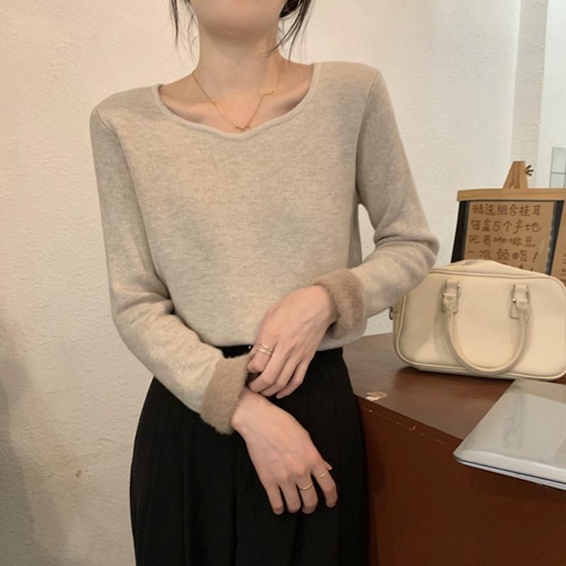 Fleece and thickened integrated fleece warm sweater women's soft waxy knitted top autumn and winter collar front shoulder inner bottoming shirt