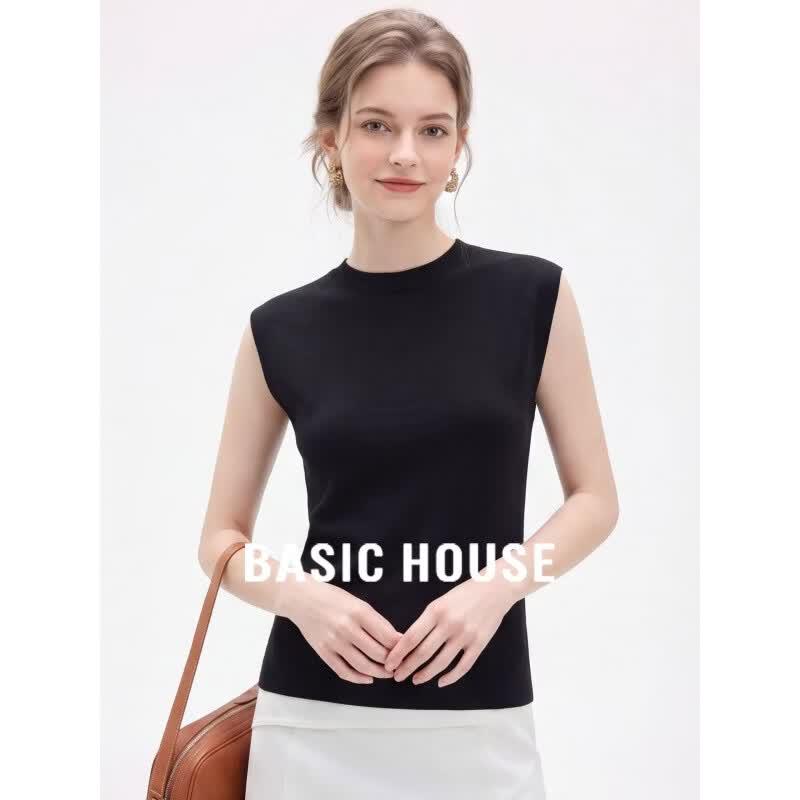 Basic House Women s Thin Tencel Semi-High Collar Knit Top M