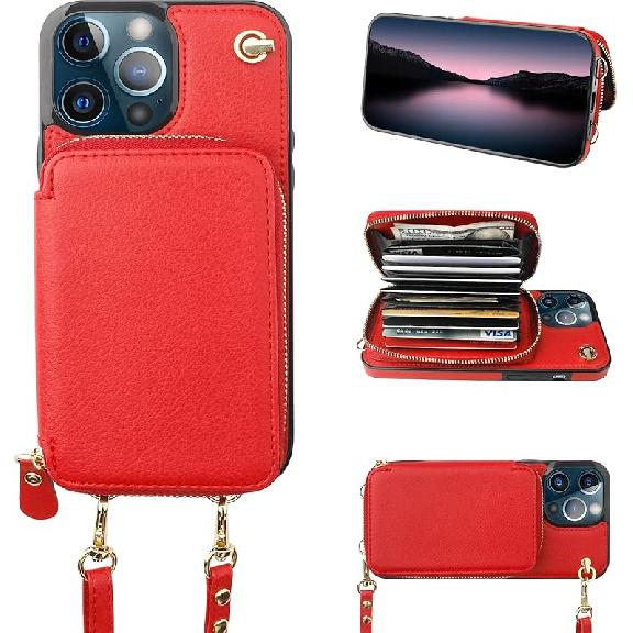 Bocasal Crossbody Wallet Case for iPhone 13 Pro Max, RFID Blocking Leather Purse Case with Card Holder, Protective Handbag Flip Cover with Zipper
