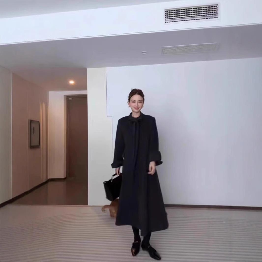 Осень и Зима Новая Двусторонняя Кашемировая Верхняя Одежда с Бантом Женская Средней и Длинной Длины Куртка S