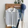 New Arrivals Open Run Women Embossed Button Collar Stripe Short Sleeve Knit