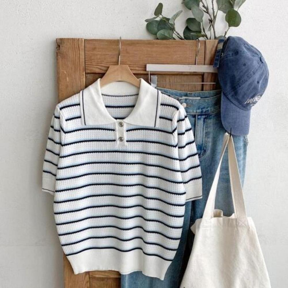 New Arrivals Open Run Women Embossed Button Collar Stripe Short Sleeve Knit