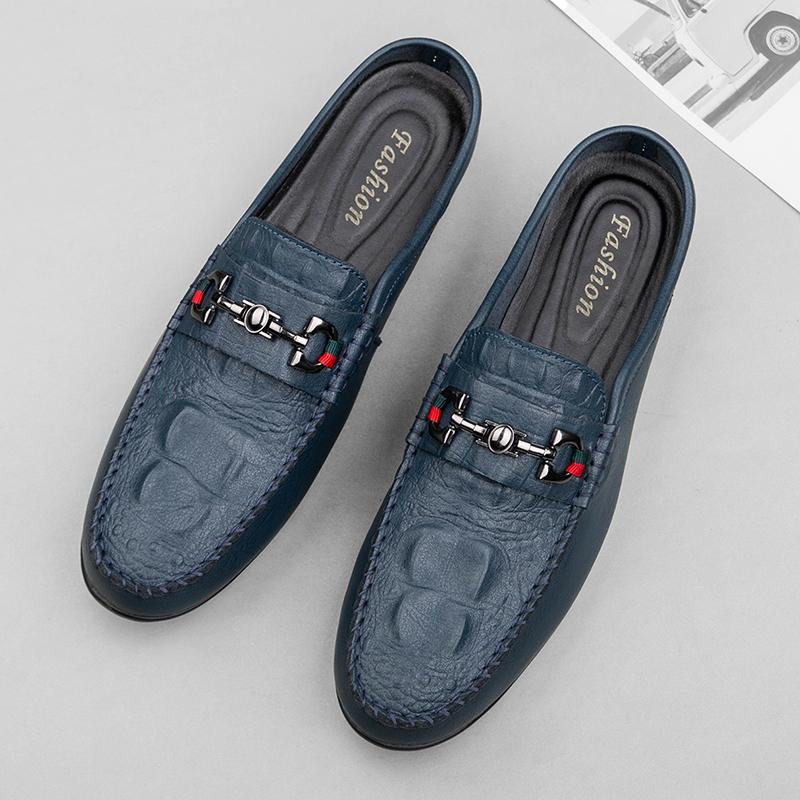 Crocodile Pattern Men's Slippers Genuine Leather Muller Shoes Outdoor Man Loafers Non-slip Casual Half Shoes Fashion Lazy Flats