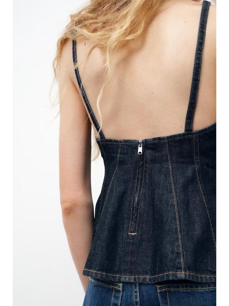 2025 Spring Women's European & American Style Sexy Wavy Hem V-Neck Spaghetti Strap Denim Top