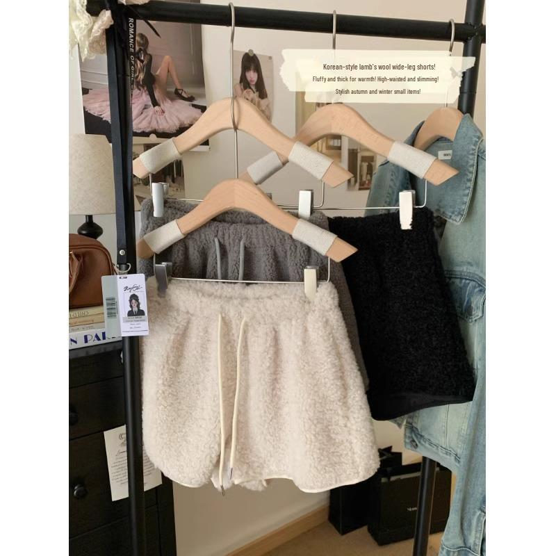 Women's 2024 Lambswool High Waist Drawstring Warm Shorts - Autumn/Winter Casual Loose Fit Hot Pants Outerwear