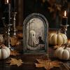 Vertical Wooden Sign Pendant Halloween Vintage Arch Sign, Gothic Spooky Ghost Wall Hanging Decor Dark Floral Print with Bracket, Rustic Aesthetic Home