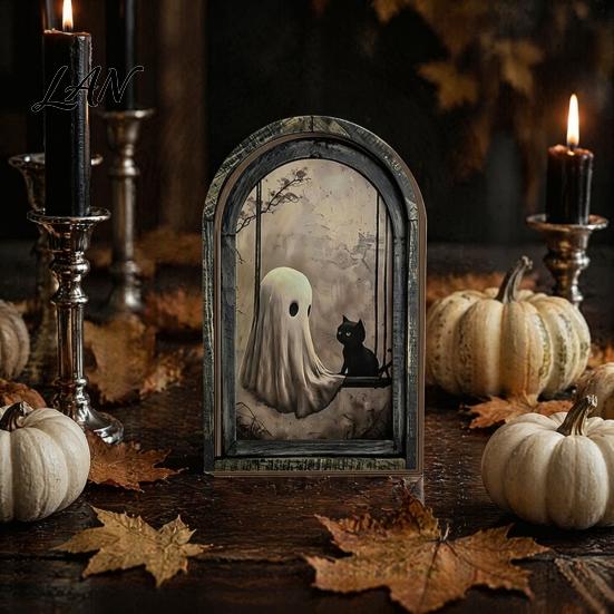 Vertical Wooden Sign Pendant Halloween Vintage Arch Sign, Gothic Spooky Ghost Wall Hanging Decor Dark Floral Print with Bracket, Rustic Aesthetic Home