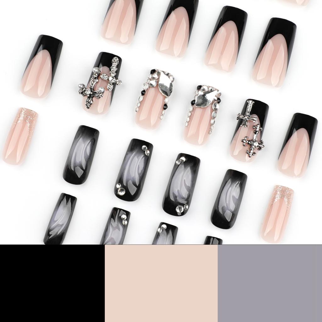 Cool French Black Wearing Nail Piece Finished Flash Cross Nail Piece 3D Water Ripple Fake Nail