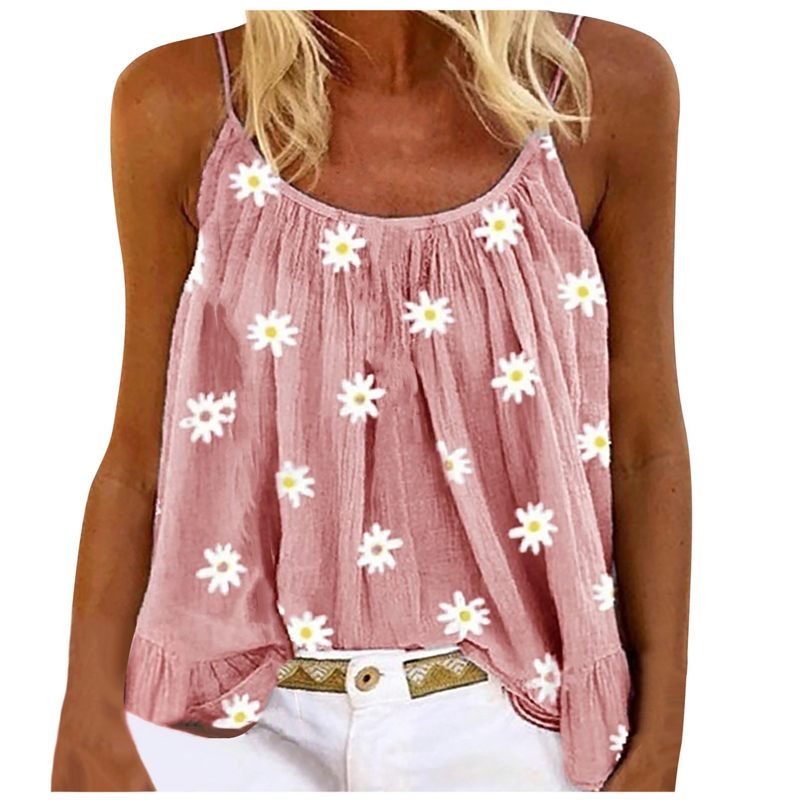 Women s Fashion Casual Beach Summer Loose V Neck Print Suspenders Top XXL розовый